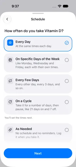 How often do you take Vitamin D: every day, on specific days of the week, every few days, on a cycle, or as needed